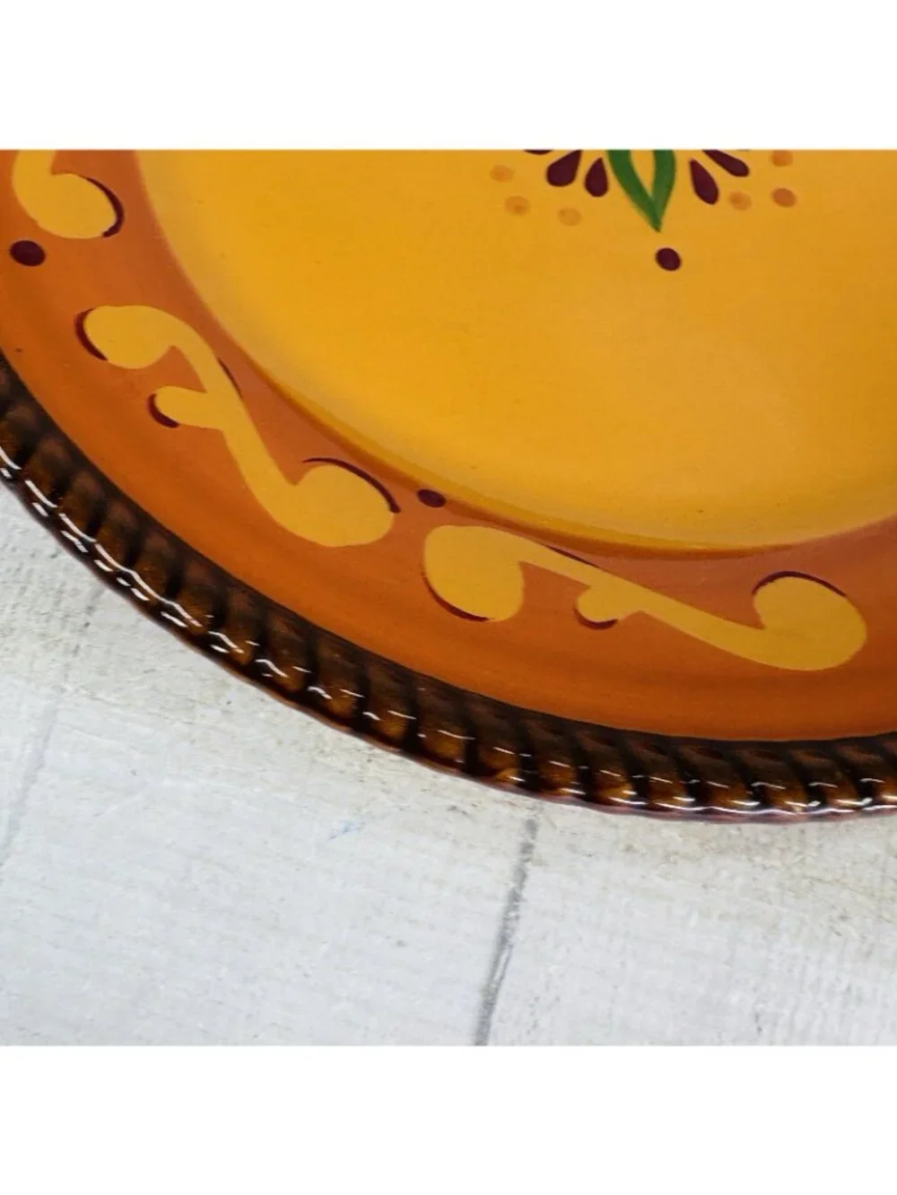 Celebrating Home TUSCAN Orange Red Yellow Rope Trim Stoneware Dinner Plate Set 3